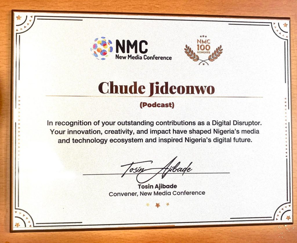 Chude Jideonwo Named Among NMC 100 at the 10th Anniversary of the New Media Conference Chudes Award Win 1024x839